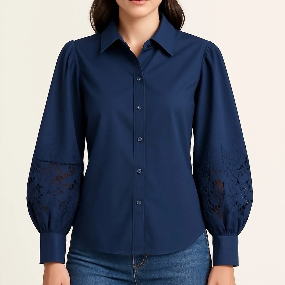Kate Spade Navy Puff Sleeve Embroidered Eyelet Button Down Blouse Size 6